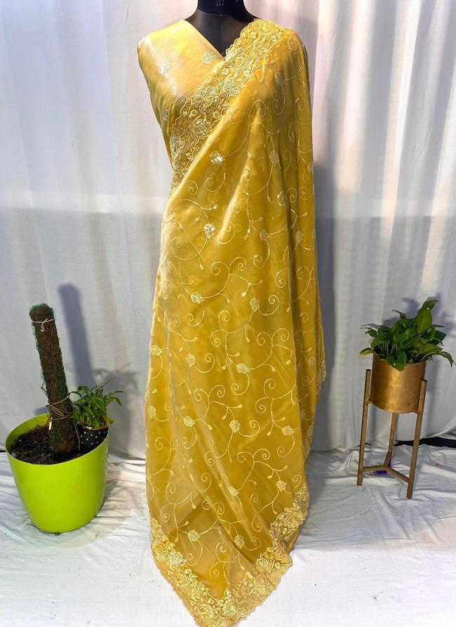 Soft Organza Yellow Party Wear Embroidery Work Saree